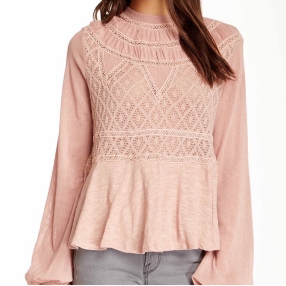 Free People Long Sleeve High Neck Semi-Sheer Blouse blush size small